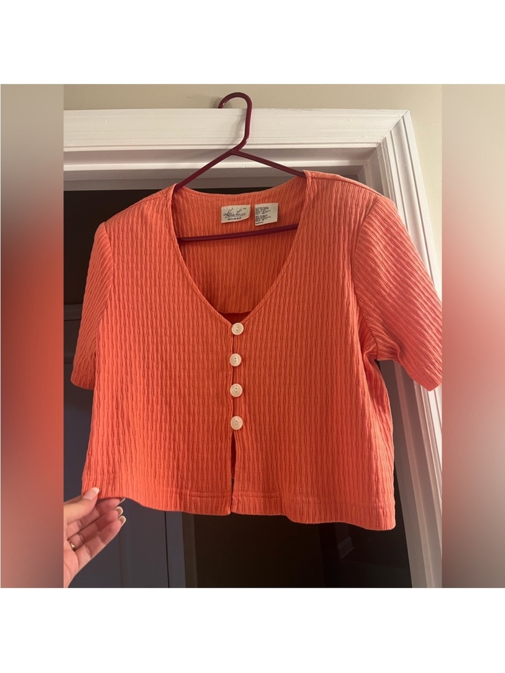 Coral Button-Front Ribbed Crop Top